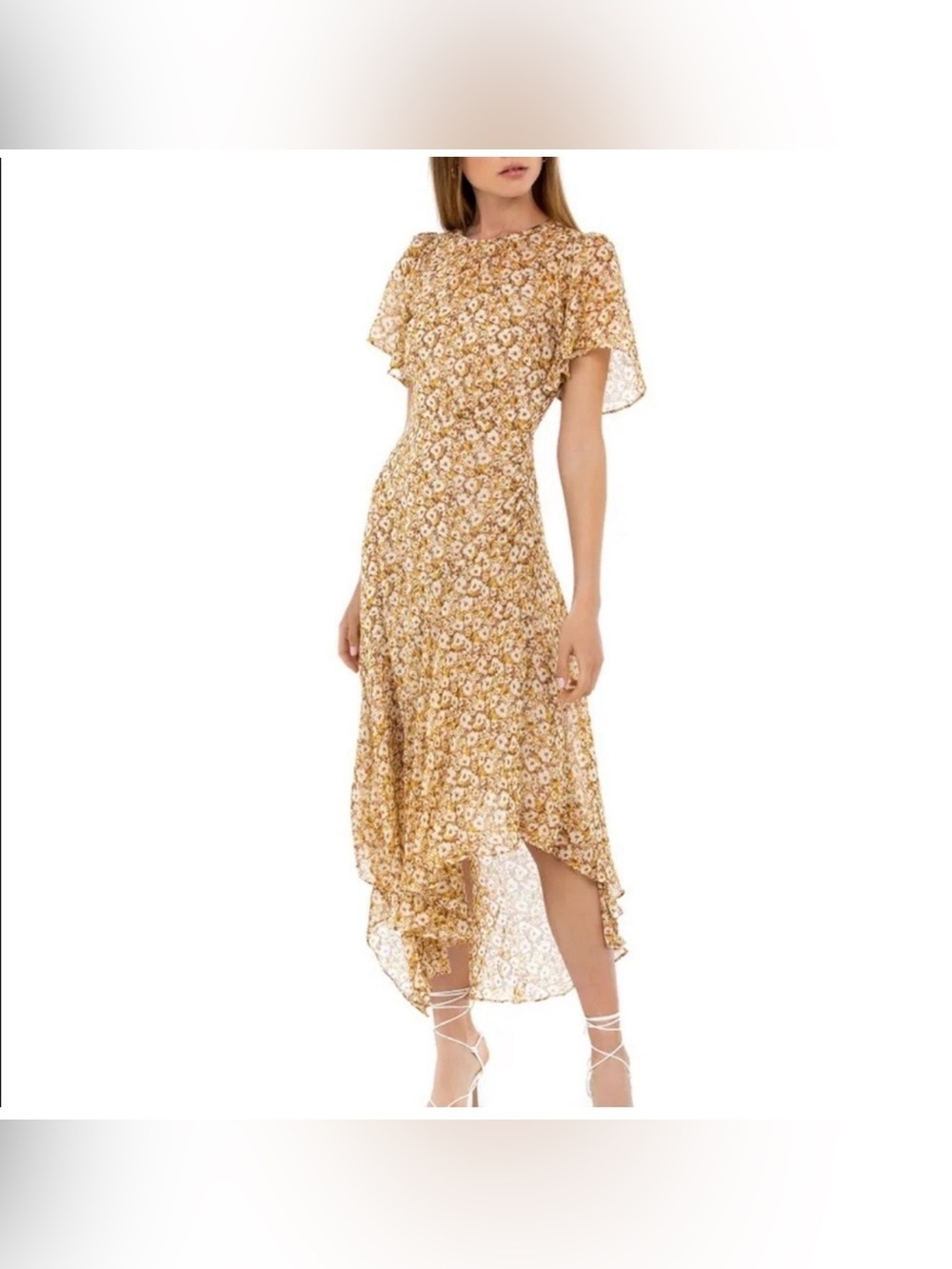 ASTR The Label Mustard Floral Chiffon High Low Flutter Sleeve Maxi Dress Size XS